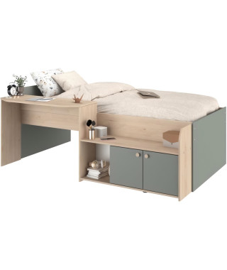 Lit combiné enfant 90x190/200 cm JADE - Chene / Vert céladon - Bureau et rangements - PARISOT