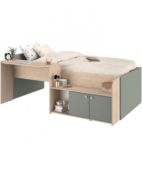 Lit combiné enfant 90x190/200 cm JADE - Chene / Vert céladon - Bureau et rangements - PARISOT