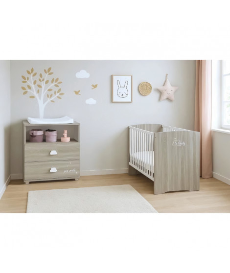 Chambre bébé complete - Lit 120x60 et commode a langer - BABY PRICE - SMILE - Chene silex