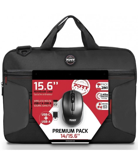 Premium Pack Sacoche PC + Souris sans fil + Dungle USB & Adaptateur Type C - 15,6 - PORT DESIGNS