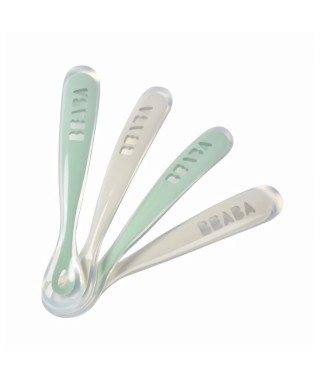 Lot de 4 cuilleres - BEABA - 913553- 1er âge - Silicone - Velvet grey / Sage green