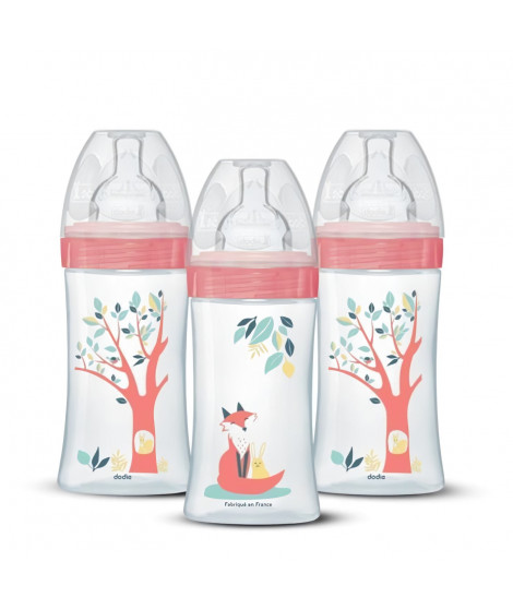 Lot de 3 biberons - DODIE - EB20 - 270 ml - Tétine plate - Rose
