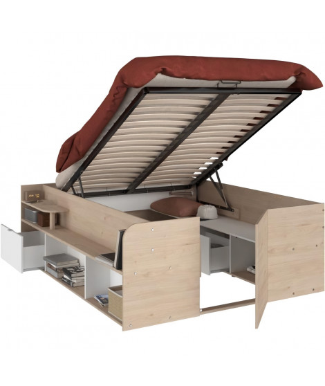 ODYSSEE Lit coffre adulte - 140x190/200 cm - Avec coffre relevable - Décor chene et Blanc - 168,3x66,5x209,5 cm