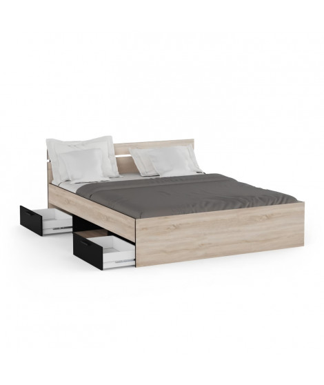 Demeyere Lit adulte MICHIGAN - 160 x 200 cm - Mulitiples rangements  - Chene et noir