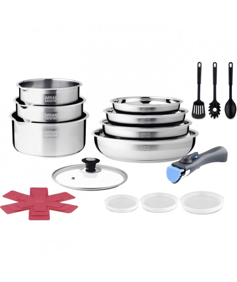 Batterie de cuisine induction - ARTHUR MARTIN - AM0566 - 18 pieces - Poignée amovible - Tous feux dont induction - Acier inox…