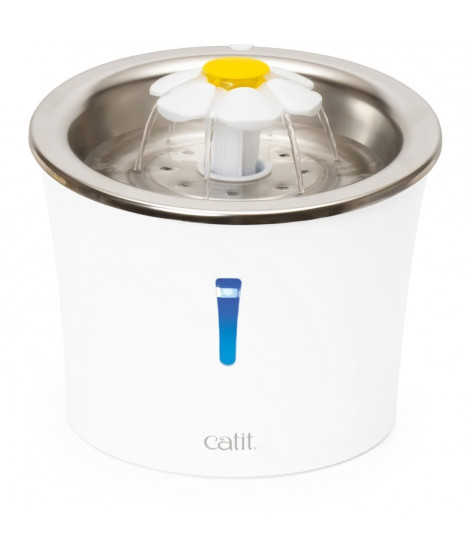 Fontaine a eau pour chat a fleur - CATIT - Flower - 3L - Dessus en acier inoxydable -  Avec LED - Blanc