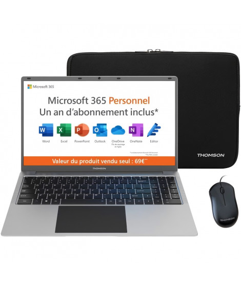 PC Portable Notebook - THOMSON NEO15 - 15,6 HD - N4020 - RAM 4Go - 128Go SSD - Windows 11S - Blanc + Office 1 an + Housse + S…