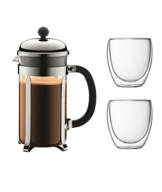 BODUM CHAMBORD Set cafetiere a piston - 8 tasses -  1L - Gris - Avec 2 verres double paroi Pavina 0,35l