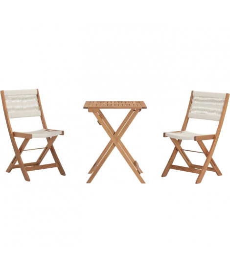 Set bistrot pliable en bois d'acacia FSC avec tressage en corde beige - 2 personnes - MAKENA