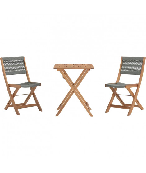 Set bistrot pliable en bois d'acacia FSC avec tressage en corde vert olive - 2 personnes - MAKENA