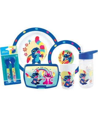 Lot vaissele - FUN HOUSE - STITCH ET ANGEL - Verre, assiette Ø22 cm et Ø16 cm, couverts, gourde et boite goûter