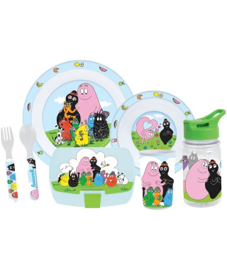 Lot vaisselle - FUN HOUSE - BARBAPAPA  - Verre, assiette Ø22 cm et Ø16 cm, couverts, gourde et boite goûter