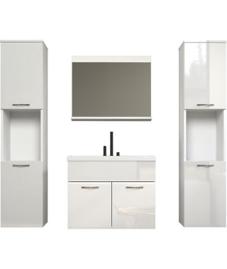 HAVEN - Salle de bain complete - Blanc - 150 x 160 x 35 cm - 2 colonnes a suspendre + Meuble sous vasque + miroir - TRENDTEAM
