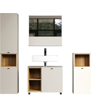 SAO PAULO - Salle de bain complete - Kashmir - 180 x 186 x 42 cm - Colonne + Miroir + Meuble sous vasque sur roulettes - TREN…
