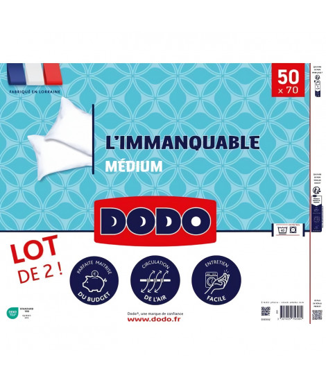 DODO - Lot de 2 oreillers - L'IMMANQUABLE - 50 x 70 cm - Blanc