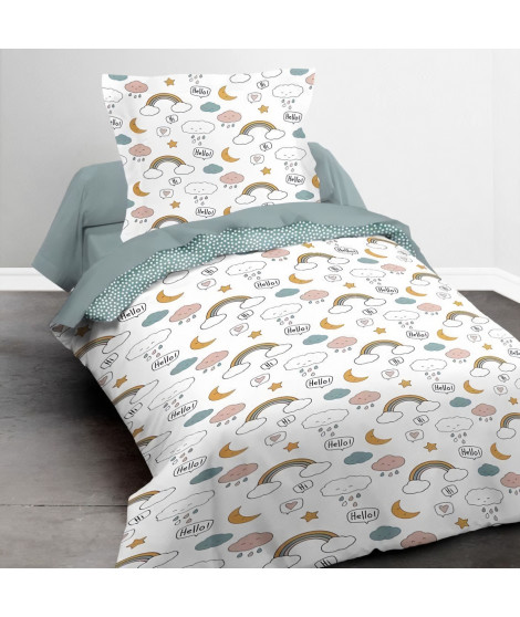Parure de lit - RDC 1.15 - Housse de couette 140x200 cm et 1 taie d'oreiller 63x63 cm - Vert imprimé enfant - TODAY