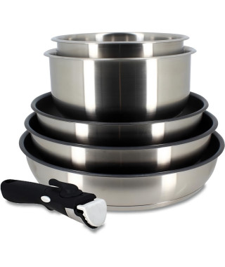 Batterie de cuisine - Induction - MENASTYL - 7930018 - Inox - 6 pieces - Poignée amovible - Gris