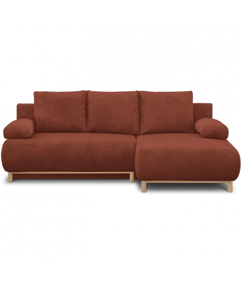 Canapé d'angle droit convertible - 3 places - MIKA - Tissu velours côtelé rouille - Coffre de rangement - 192 x 84 x 93 cm