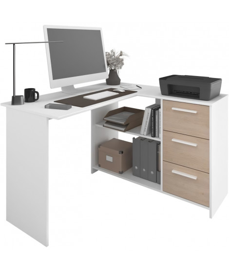 Bureau d'angle 3 tiroirs - ESSENTIEL - Décor Blanc / Chene - 121,2 x 74,5 x 111 cm - PARISOT
