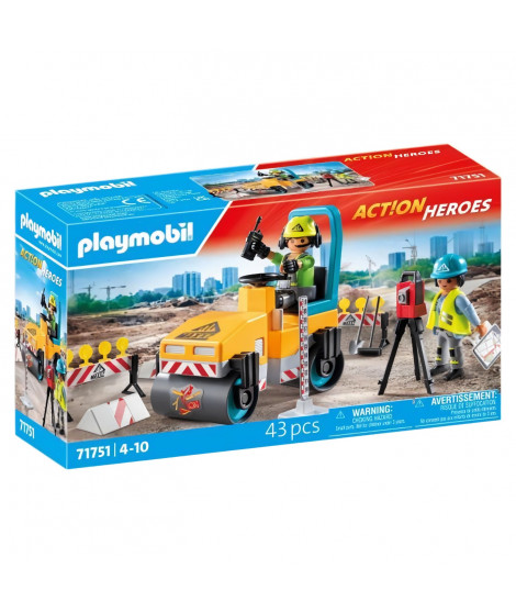 PLAYMOBIL 71751 Ouvriers avec rouleau compresseur et signalisation, Action Heroes, La construction, 43 pieces, Des 4 ans