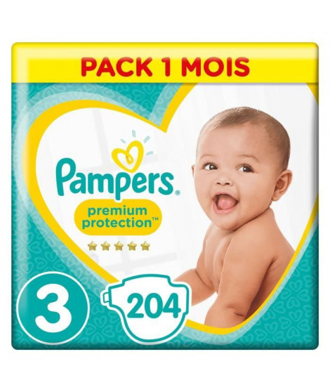 PAMPERS Premium Protection Taille 3 - 5 a 9 kg - 204 Couches - Pack 1 Mois