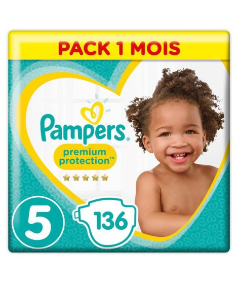 PAMPERS Premium Protection Taille 5 11-23kg - 136 Couches, Pack 1 Mois