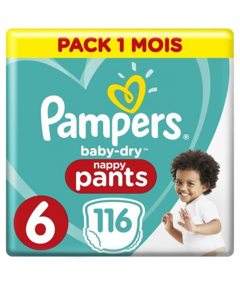 PAMPERS Baby-Dry Pants Taille 6, 15kg+, 116 Couches - Pack 1 Mois