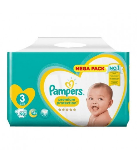 PAMPERS Premium Protection Taille 3, 6-10 kg, 98 couches - Mega Pack