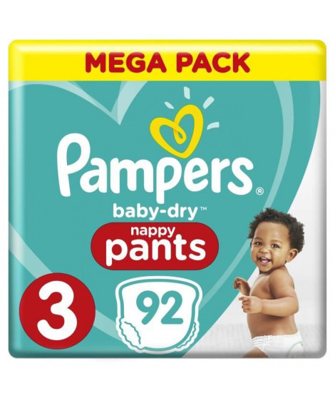 Pampers Baby-Dry Pants Taille 3, 6 a 11 kg, 92 Couches-Culottes - Mega Pack
