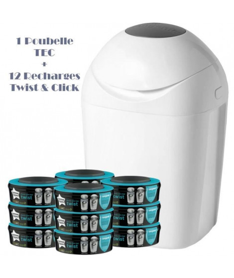 Tommee Tippee - Starter Pack - Poubelle a couche TEC + 12 recharges Twist & Click - Blanc