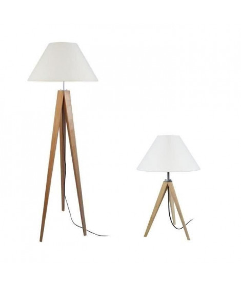 IDUN Lampadaire + Lampe en bois naturel - Ø50 x H.163 cm / Ø30 x H.56 cm - Abat-jour conique écru - E27 60W