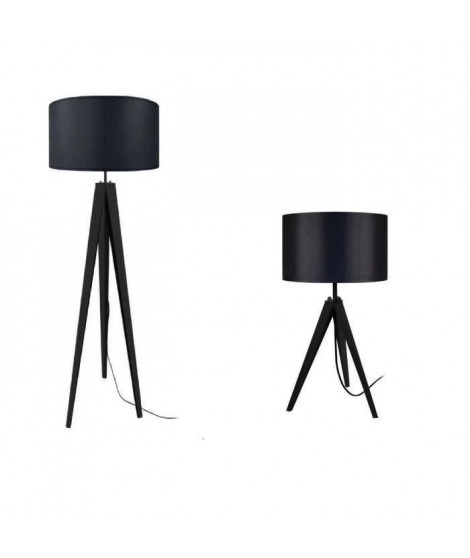 IDUN Lampadaire + Lampe en bois noir - Ø50 x H.163 cm / Ø30 x H.56 cm - Abat-jour cylindrique noir