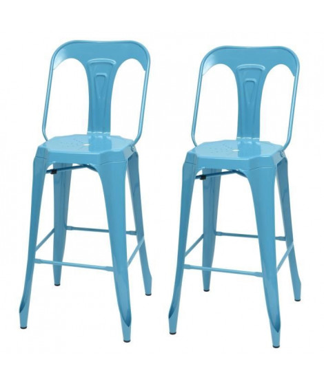KRAFT Claire Lot de 2 chaises de bar en métal bleu satiné - Industriel - L 47 x P 55 cm - Assise H 75.5cm